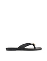 Women's black leather flat thongs with gold embellishment 