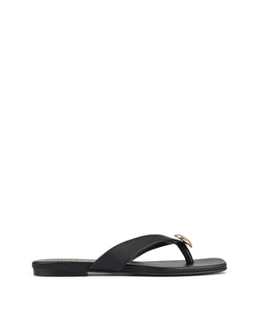 Women's black leather flat thongs with gold embellishment 