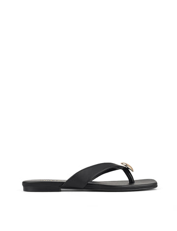Women's black leather flat thongs with gold embellishment 
