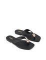 Women's black leather flat thongs with gold embellishment 