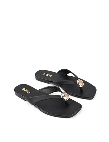 Women's black leather flat thongs with gold embellishment 