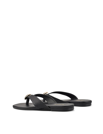 Women's black leather flat thongs with gold embellishment 