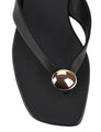 Women's black leather flat thongs with gold embellishment 