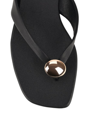 Women's black leather flat thongs with gold embellishment 