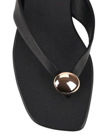 Women's black leather flat thongs with gold embellishment 