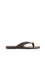Women's chocolate brown leather flat thongs with gold embellishment 