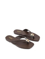 Women's chocolate brown leather flat thongs with gold embellishment 