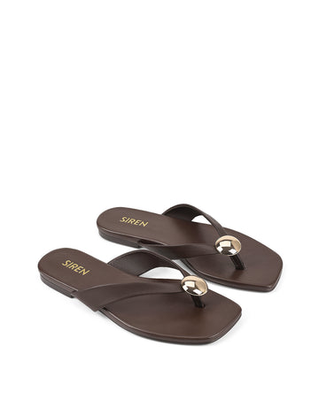 Women's chocolate brown leather flat thongs with gold embellishment 