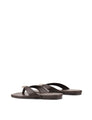 Women's chocolate brown leather flat thongs with gold embellishment 