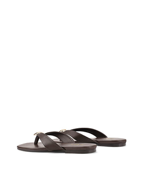 Women's chocolate brown leather flat thongs with gold embellishment 