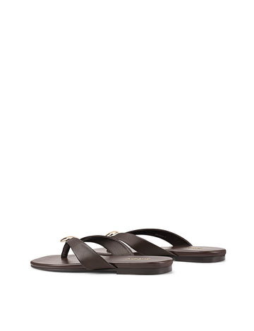 Women's chocolate brown leather flat thongs with gold embellishment 