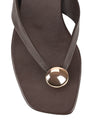 Women's chocolate brown leather flat thongs with gold embellishment 