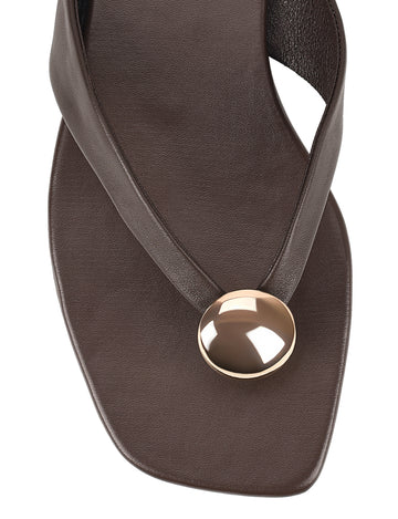 Women's chocolate brown leather flat thongs with gold embellishment 