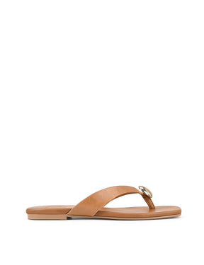 Women's tan leather flat thongs with gold embellishment 