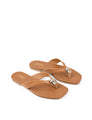 Women's tan leather flat thongs with gold embellishment 