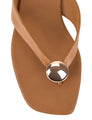Women's tan leather flat thongs with gold embellishment 