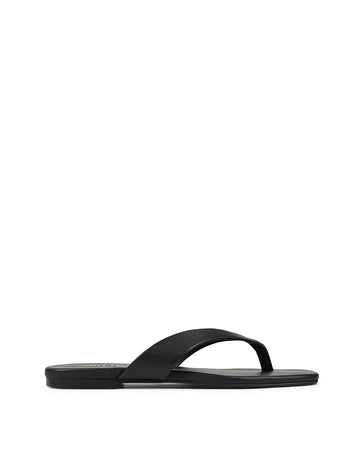 Women's black leather flat thongs 