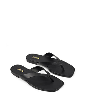 Women's black leather flat thongs 