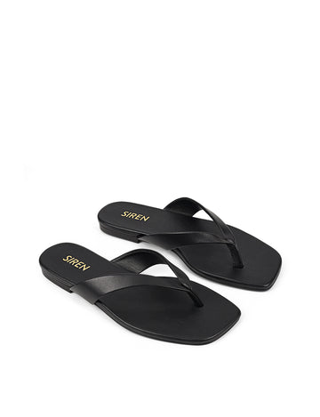 Women's black leather flat thongs 