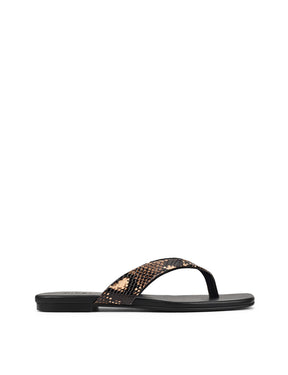 Women's black and snake leather flat thongs 