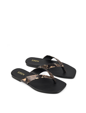 Women's black and snake leather flat thongs 