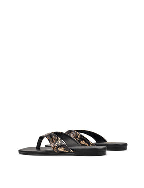 Women's black and snake leather flat thongs 