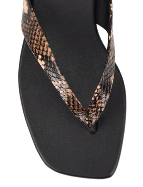 Women's black and snake leather flat thongs 