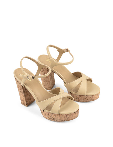 Women's yellow custard leather platform sandals with cork sole