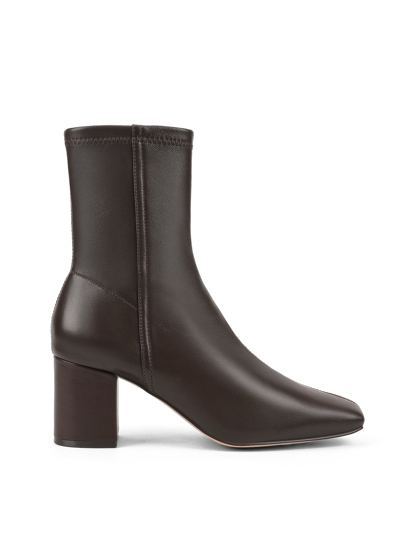 Women's chocolate brown leather ankle boot in stretch leather with block heel and square toe 