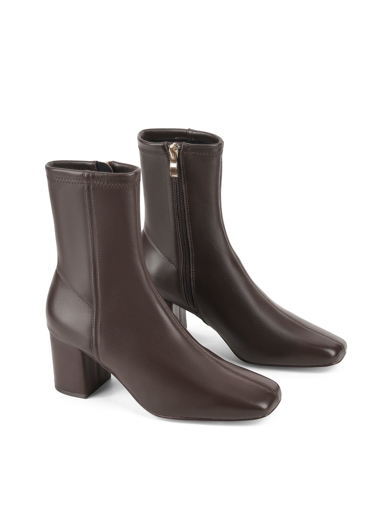 Women's chocolate brown leather ankle boot in stretch leather with block heel and square toe 