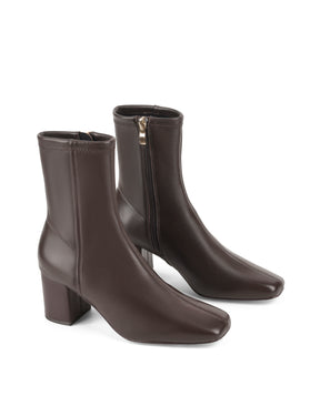 Women's chocolate brown leather ankle boot in stretch leather with block heel and square toe 