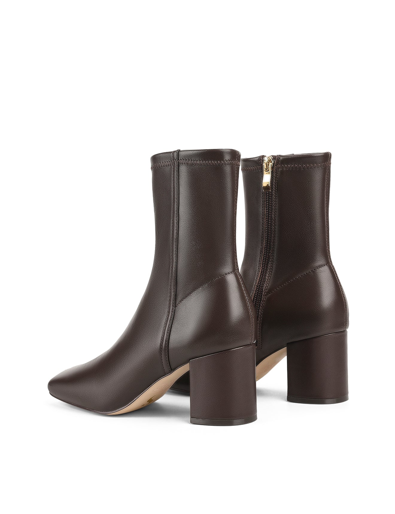 Women's chocolate brown leather ankle boot in stretch leather with block heel and square toe 