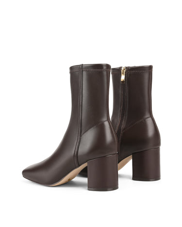 Women's chocolate brown leather ankle boot in stretch leather with block heel and square toe 