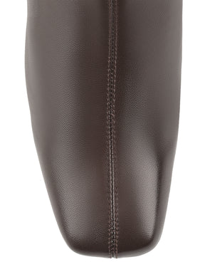 Women's chocolate brown leather ankle boot in stretch leather with block heel and square toe 