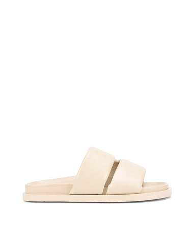 Women's beige leather footbed slide with puffy vamp upper