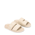 Women's beige leather footbed slide with puffy vamp upper