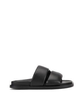 Women's black leather footbed slide with puffy vamp upper
