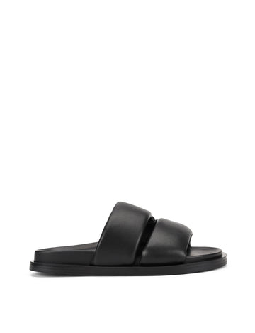 Women's black leather footbed slide with puffy vamp upper