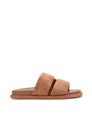 Women's brown tan leather footbed slide with puffy vamp upper