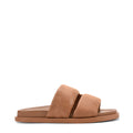 Women's brown tan leather footbed slide with puffy vamp upper