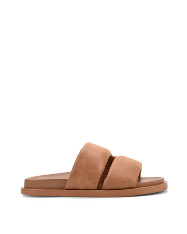 Women's brown tan leather footbed slide with puffy vamp upper