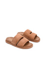 Women's brown tan leather footbed slide with puffy vamp upper