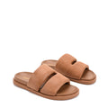 Women's brown tan leather footbed slide with puffy vamp upper