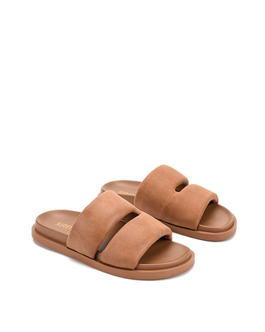 Women's brown tan leather footbed slide with puffy vamp upper