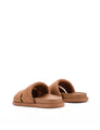 Women's brown tan leather footbed slide with puffy vamp upper