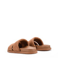 Women's brown tan leather footbed slide with puffy vamp upper