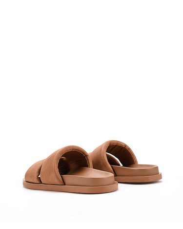 Women's brown tan leather footbed slide with puffy vamp upper