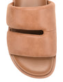 Women's brown tan leather footbed slide with puffy vamp upper