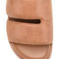 Women's brown tan leather footbed slide with puffy vamp upper