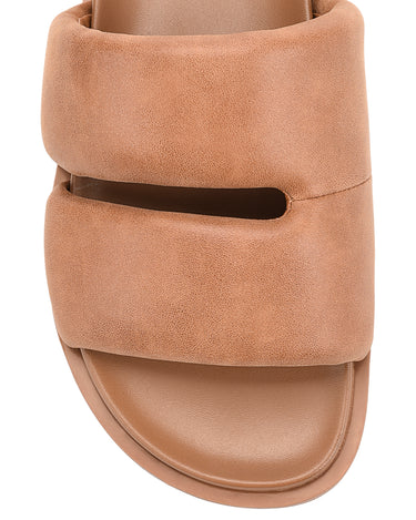 Women's brown tan leather footbed slide with puffy vamp upper